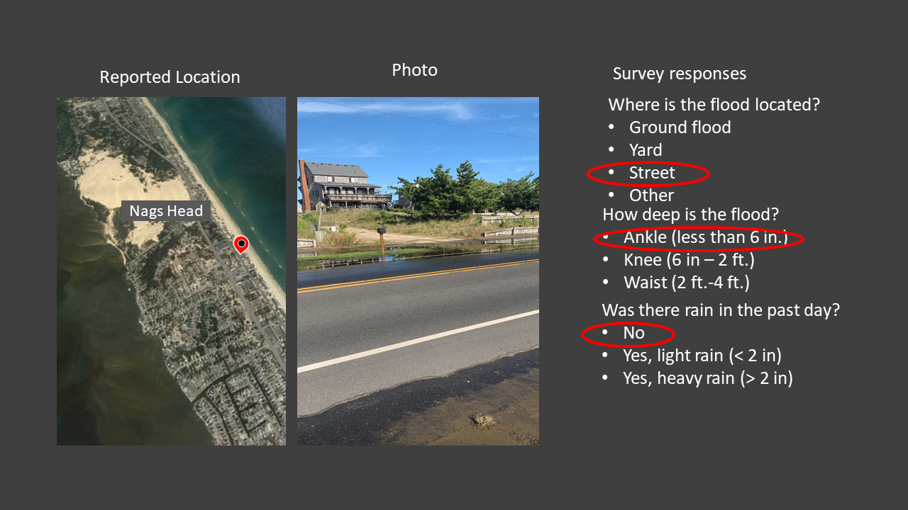 Example flood report, including location of the flood, a photo, and responses to a few survey questions.